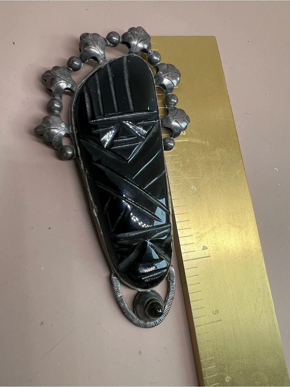 VTG mid-century Mexican sterling silver hand-carved black onyx or obsidian pin